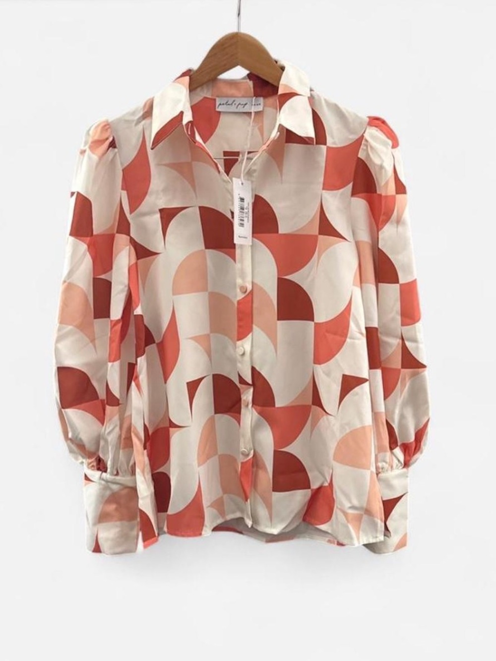 Petal&Pup collared shirt XS button down Geometric Print puff sleeve coral NWT
